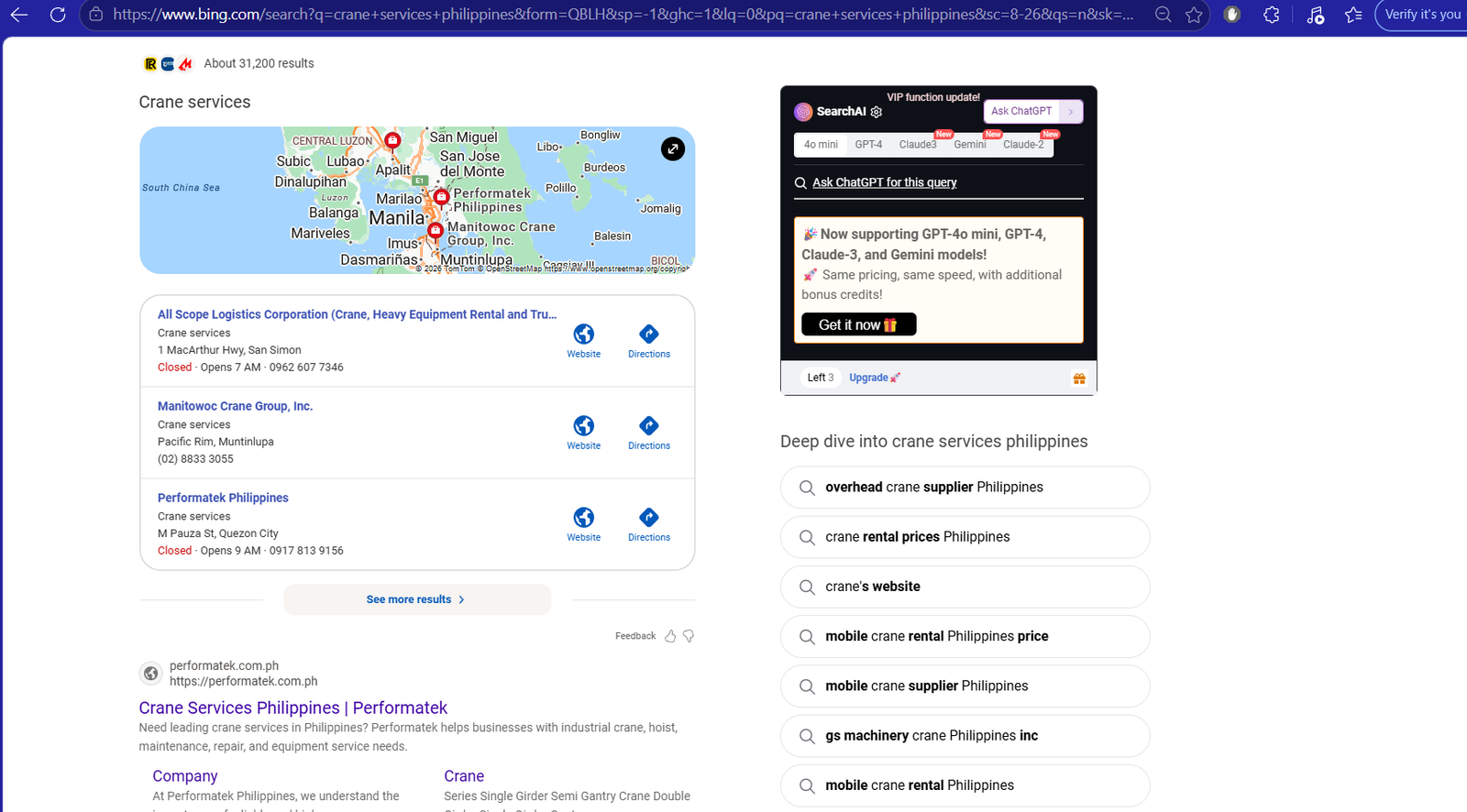 Bing search screenshot showing Performatek Philippines in results for crane services