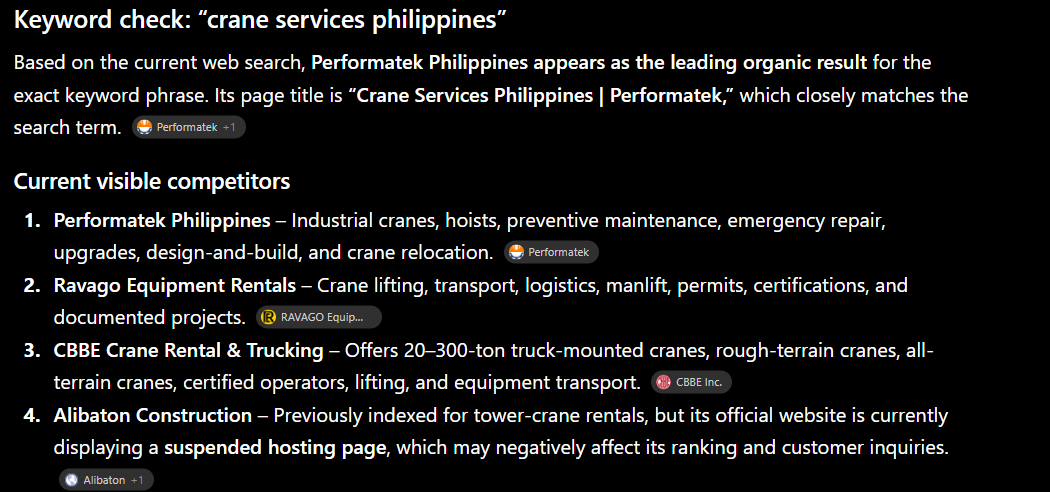 ChatGPT screenshot showing keyword check for crane services philippines and Performatek visibility