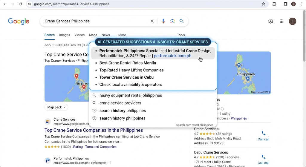 Google search screenshot showing Crane Services Philippines and Performatek suggestion visibility